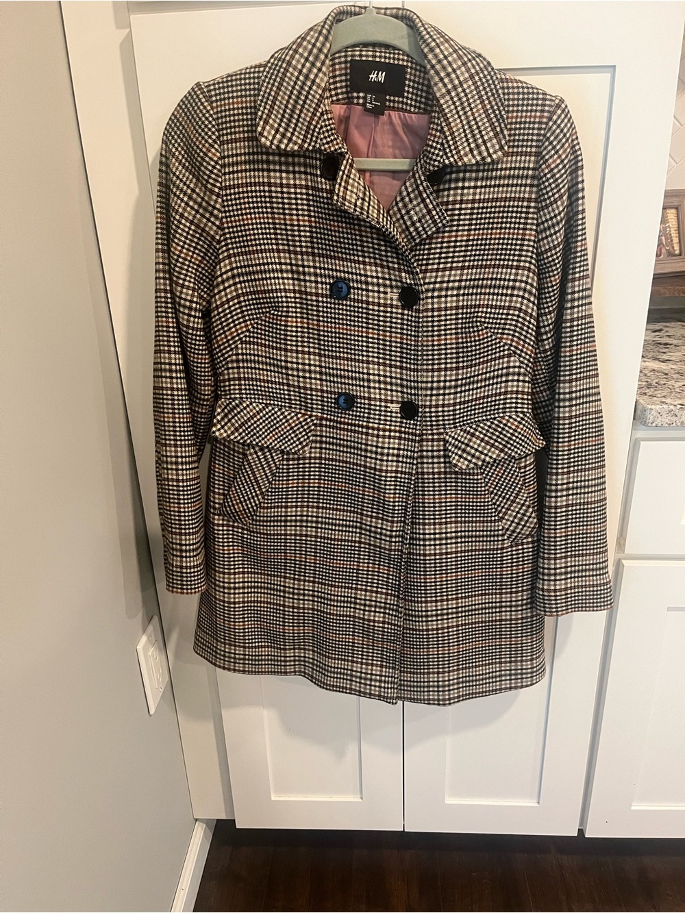 H&M Women's Double-Breasted Plaid Peacoat in Brown and Black